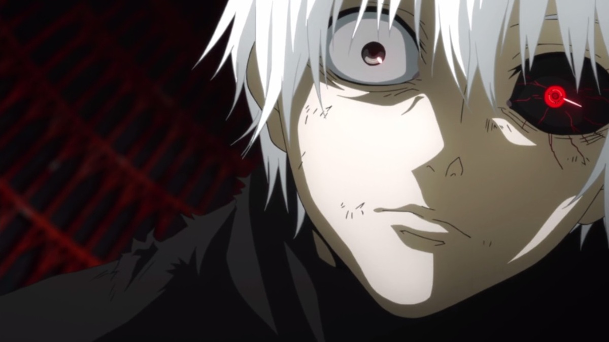A close-up of Ken Kaneki in his ghoul form in the 'Tokyo Ghoul' anime.