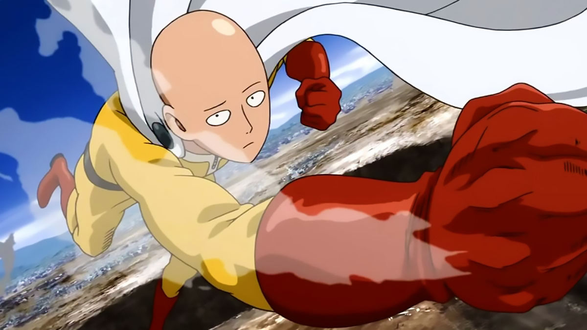 Saitama throwing a punch mid-air in the One Punch Man anime.