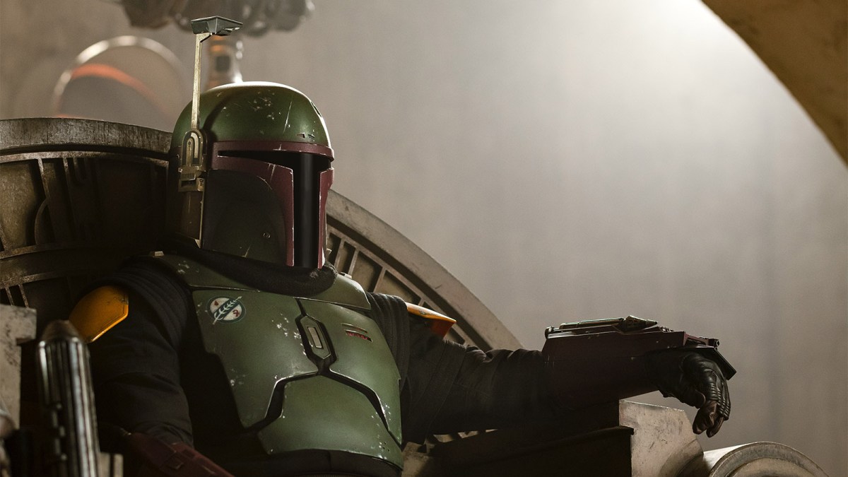 book of boba fett reclining on throne with helmet on