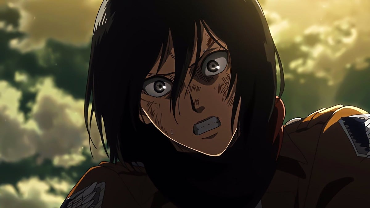 Mikasa Ackerman looking pained in the 'Attack on Titan' anime.