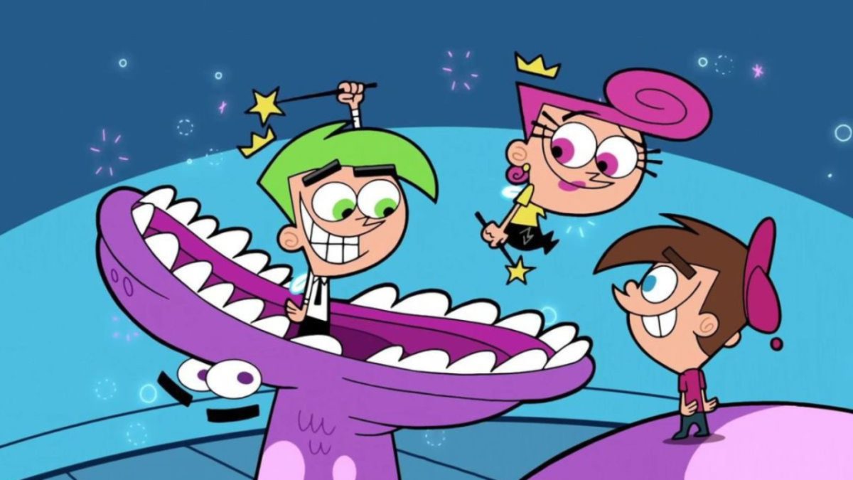 Cosmo and Wanda emerge from a purple dinosaur's mouth in Fairly OddParents