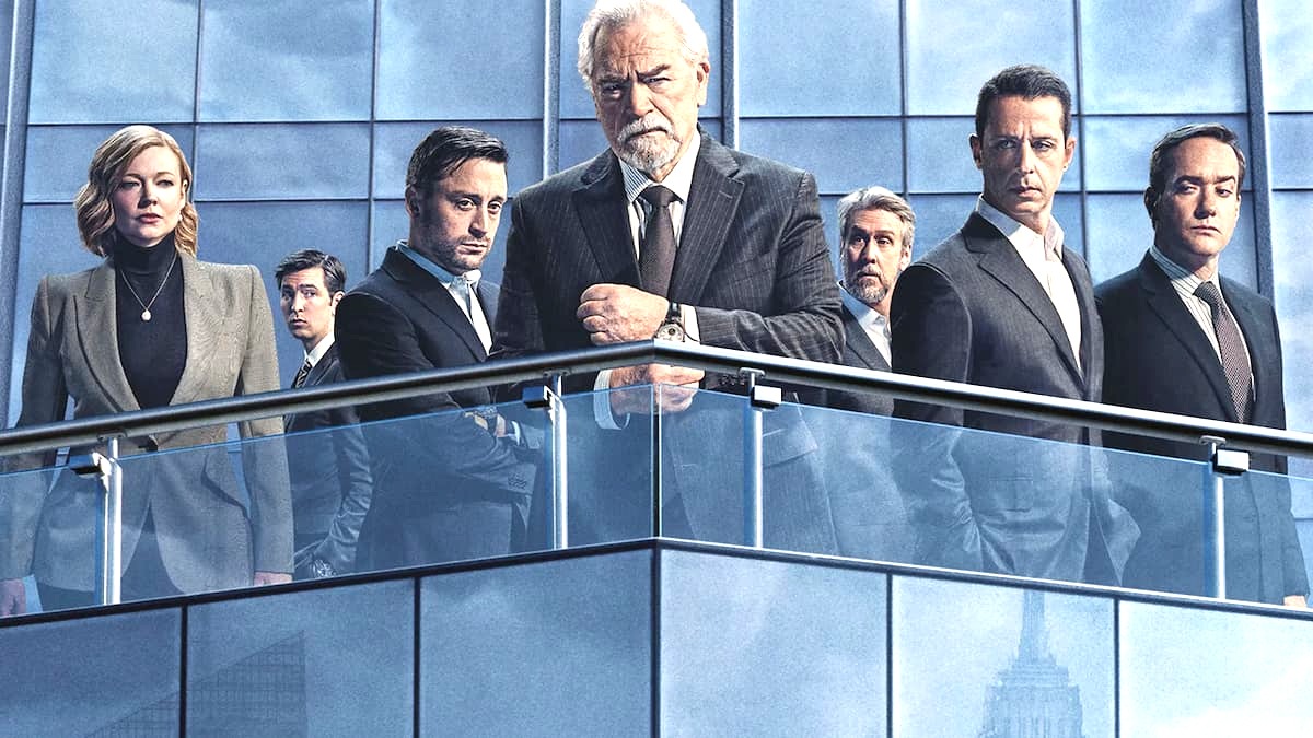 Succession's main characters looking at Logan Roy in season 4's key art.