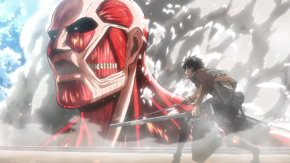 Eren Yeager facing the Colossal Titan in season 1 of the 'Attack on Titan' anime.