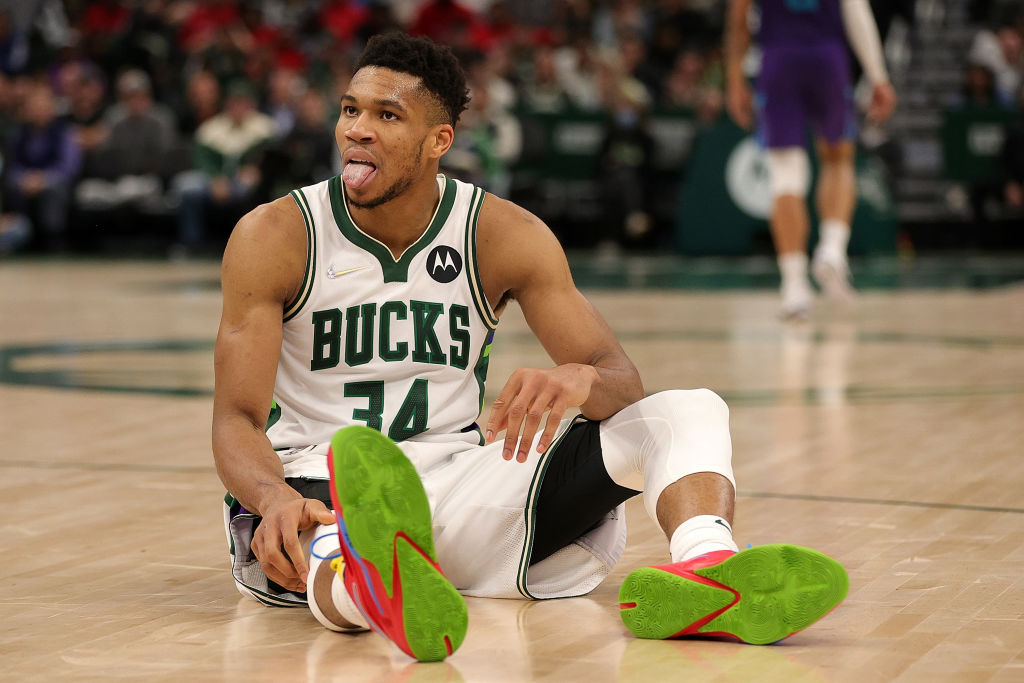 Two-time MVP Giannis Antetokounmpo reacts during a Milwaukee Bucks game.