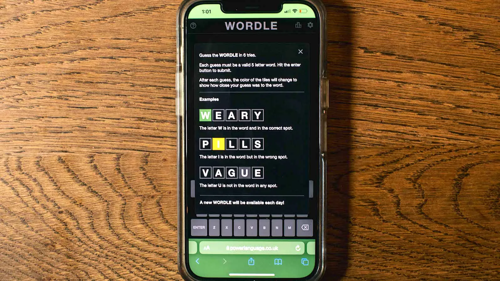 Wordle is shown on an iPhone. 