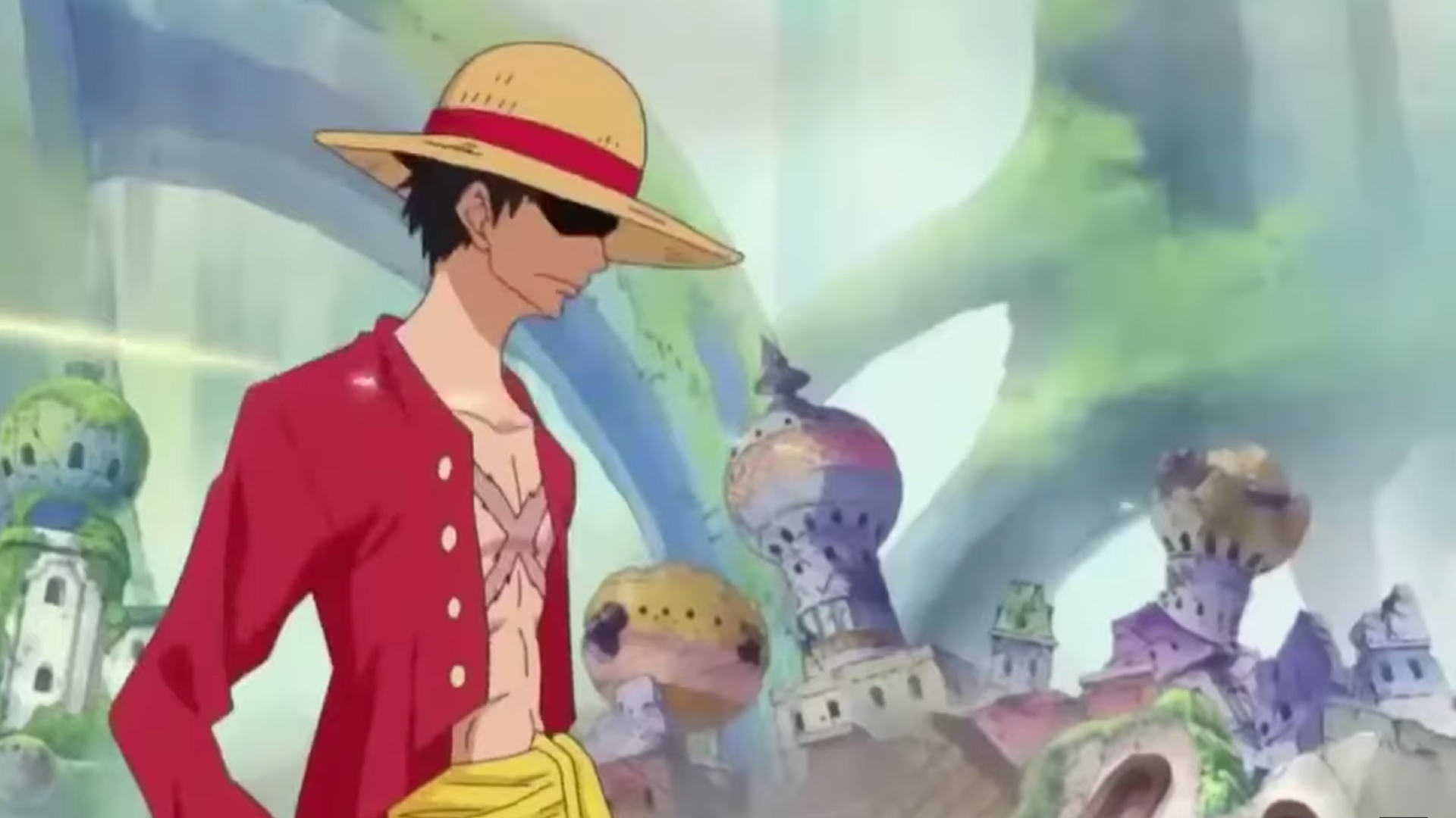 Luffy is looking down at something in One Piece. 