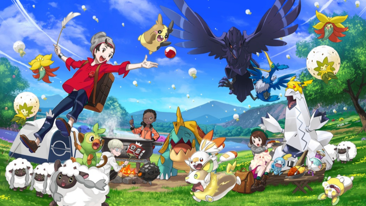 Pokémon trainers frolic with a multitude of Galar region Pokémon in promotional art for 'Pokémon Sword' and 'Shield'