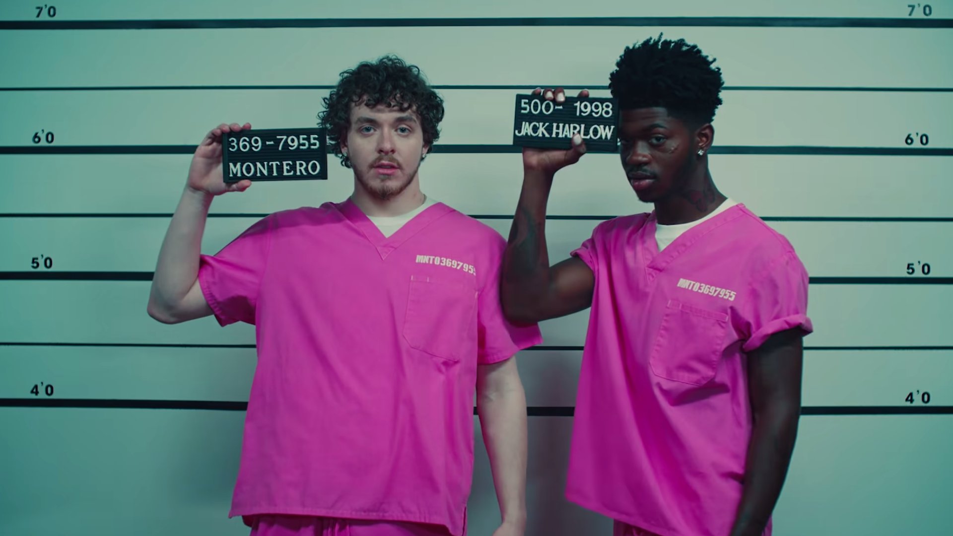 Jack Harlow and Lil Nas X are in pink jumpsuits. 