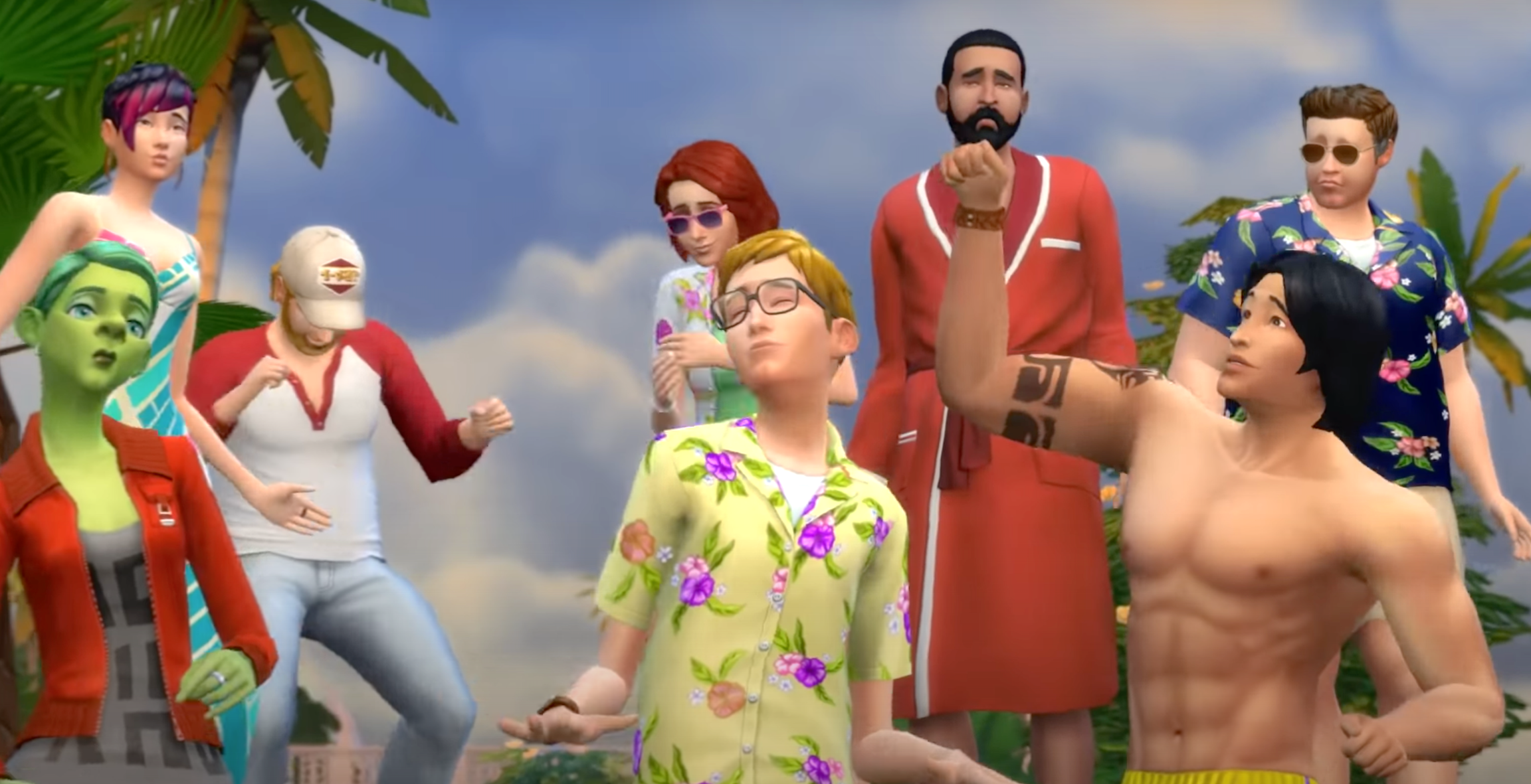 Sims in various looks and outfits cheer and dance together 