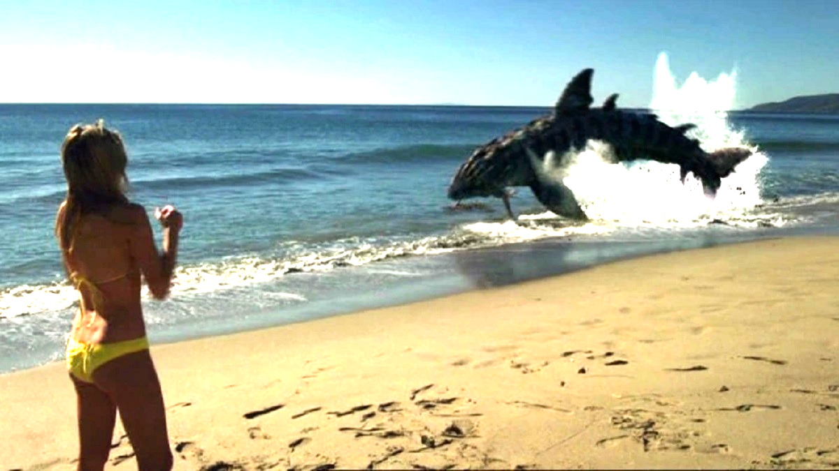 A photo image of a shark leaping onto land as a woman in a swimsuit watches