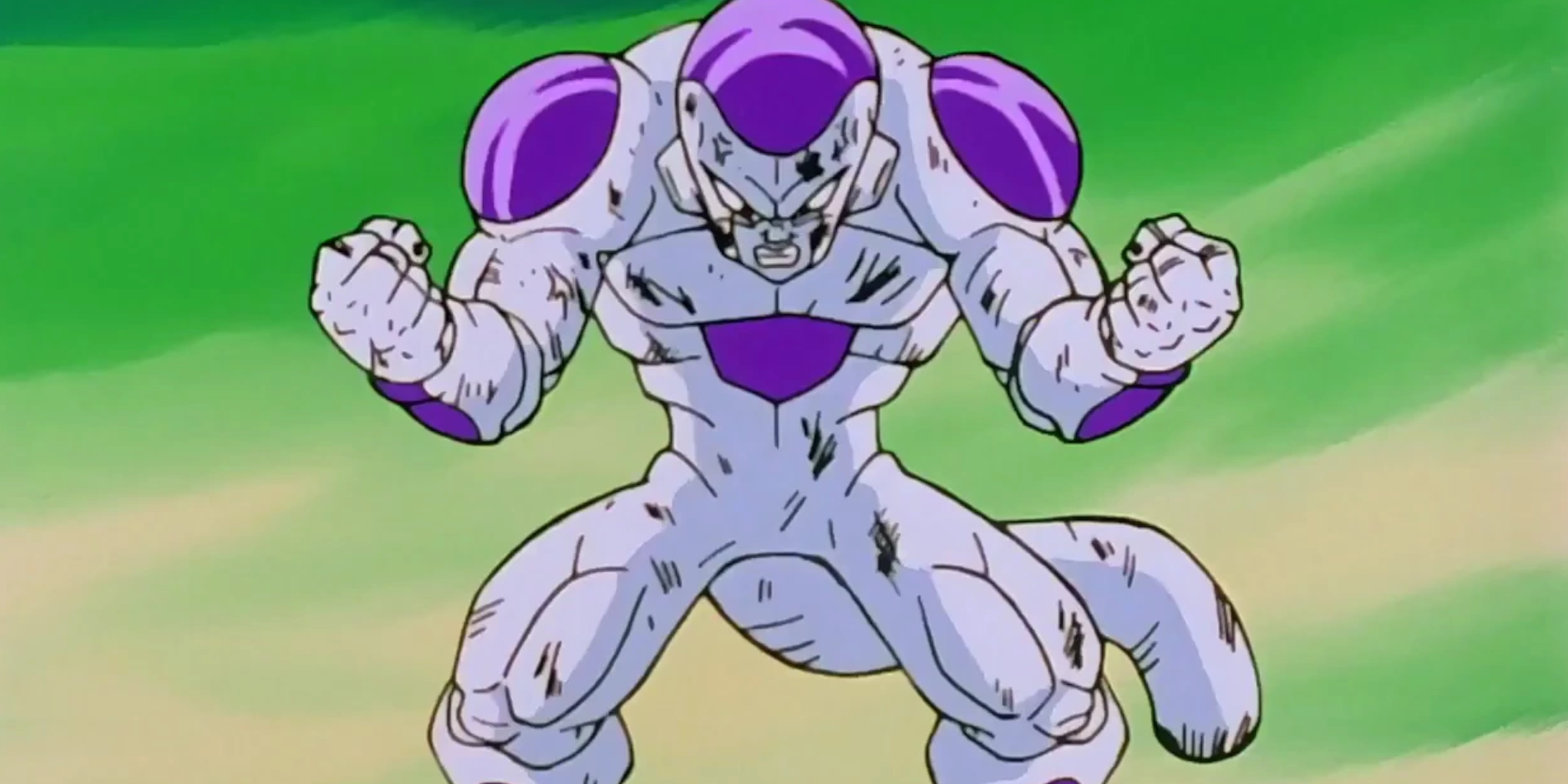 Frieza in his 100% Form is flexing his muscles.