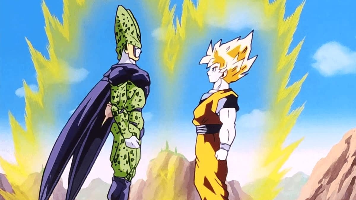 Super Saiyan Cell and Goku in 'Dragon Ball Z' are looking at each other.