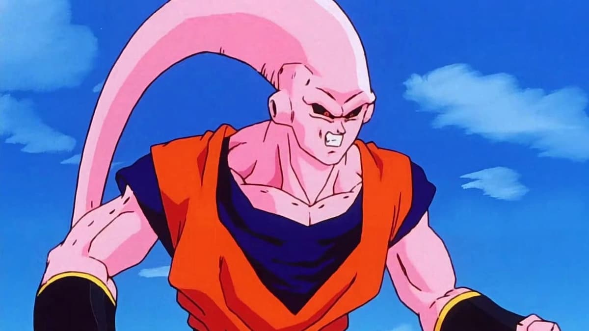 Ultimate Buu in 'Dragon Ball Z' is standing in front of a blue sky.