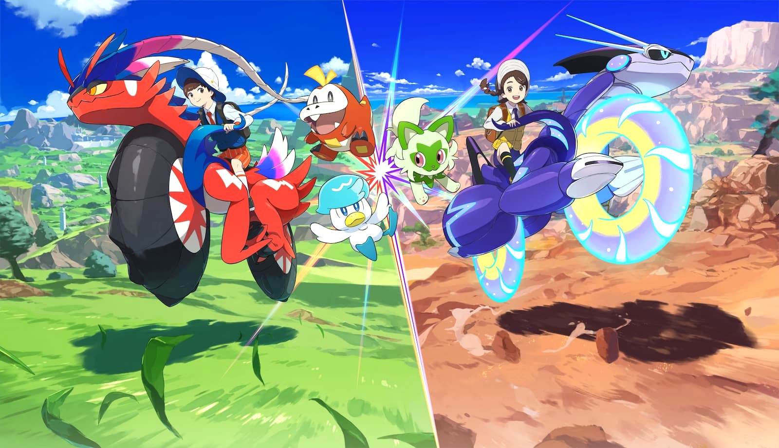 Pokémon Scarlet and Violet Key Art, with starters, legendary Pokémon and trainers