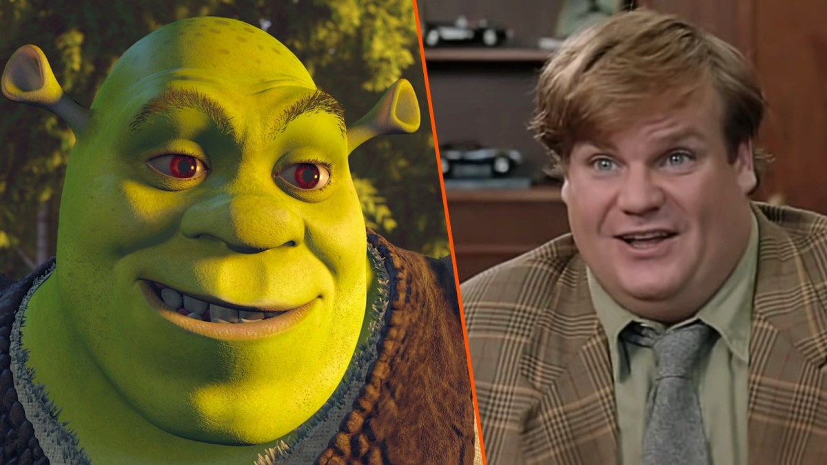 A dual image of Shrek on the left, and a similarly-smiling Chris Farley on the right. The resemblance is poignant.