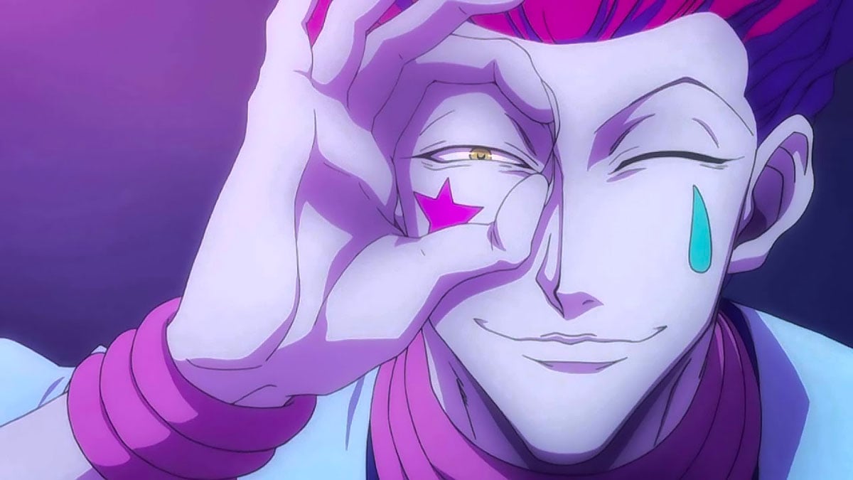 Hisoka from Hunter x Hunter is making a circle around his eye with his hand.