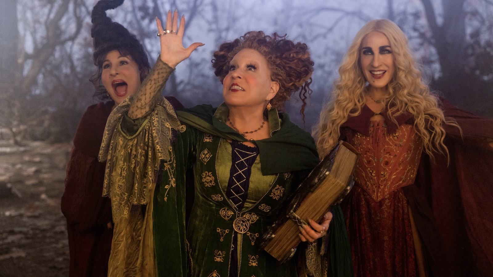 Kathy Najimy as Mary Sanderson, Bette Midler as Winifred Sanderson, and Sarah Jessica Parker as Sarah Sanderson in Disney's live-action HOCUS POCUS 2, exclusively on Disney+. Photo by Matt Kennedy. © 2022 Disney Enterprises, Inc. All Rights Reserved.