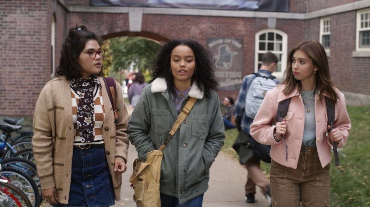 Belissa Escobedo as Izzy, Whitney Peak as Becca, and Lilia Buckingham as Cassie in Disney's live-action HOCUS POCUS 2, exclusively on Disney+. Photo courtesy of Disney Enterprises, Inc. © 2022 Disney Enterprises, Inc. All Rights Reserved.