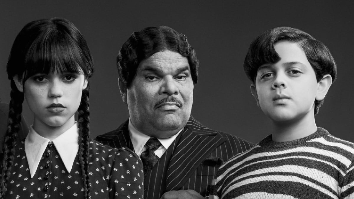 Jenna Ortega as Wednesday Addams, Luis Guzmán as Gomez Addams, and Isaac Ordonez as Puggsley Addams