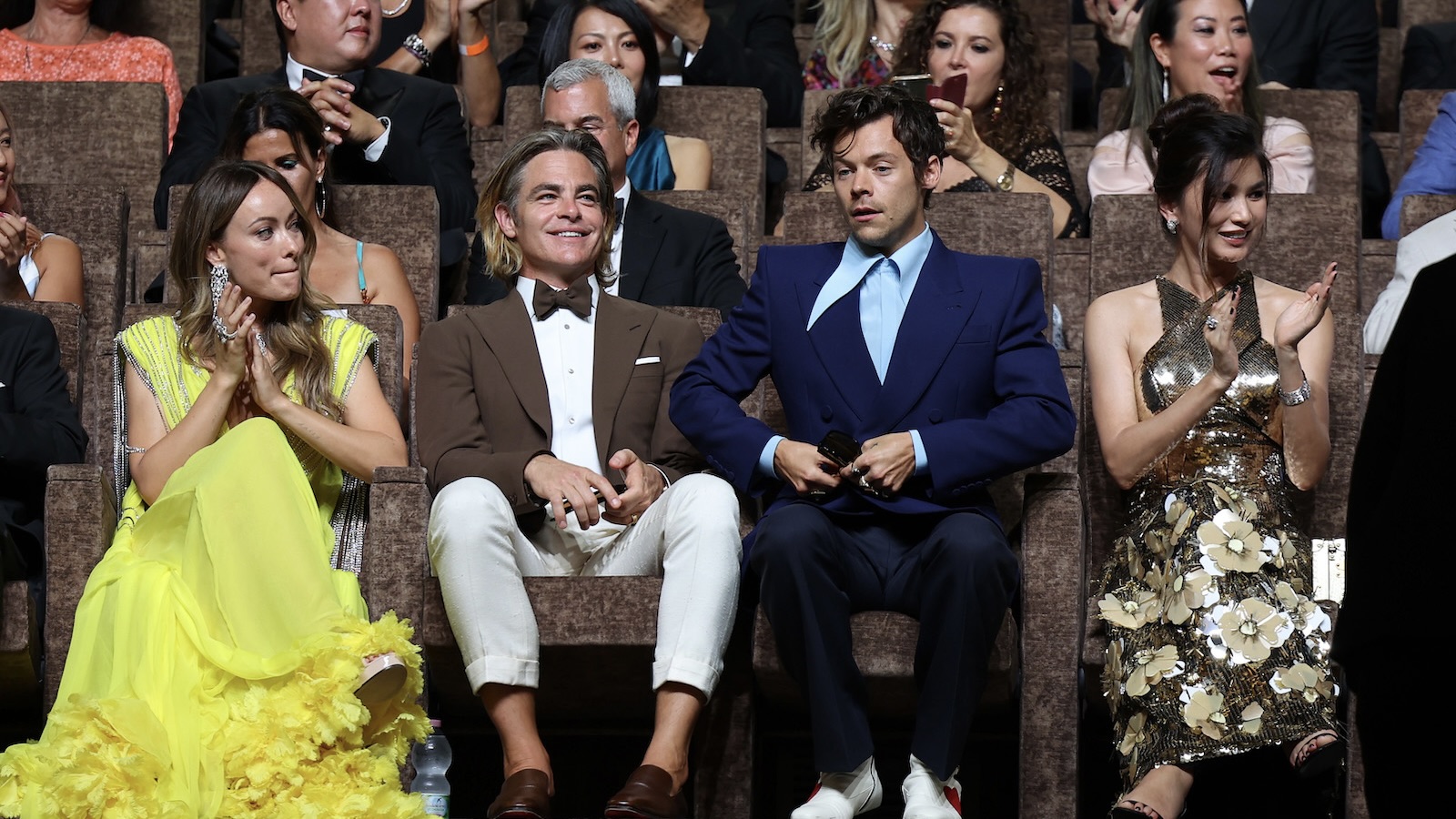 VENICE, ITALY - AUGUST 31: (L-R) Olivia Wilde, Chris Pine, Harry Styles and Gemma Chan attends the Campari Passion For Film 2022 Award during the 79th Venice International Film Festival on August 31, 2022 in Venice, Italy.