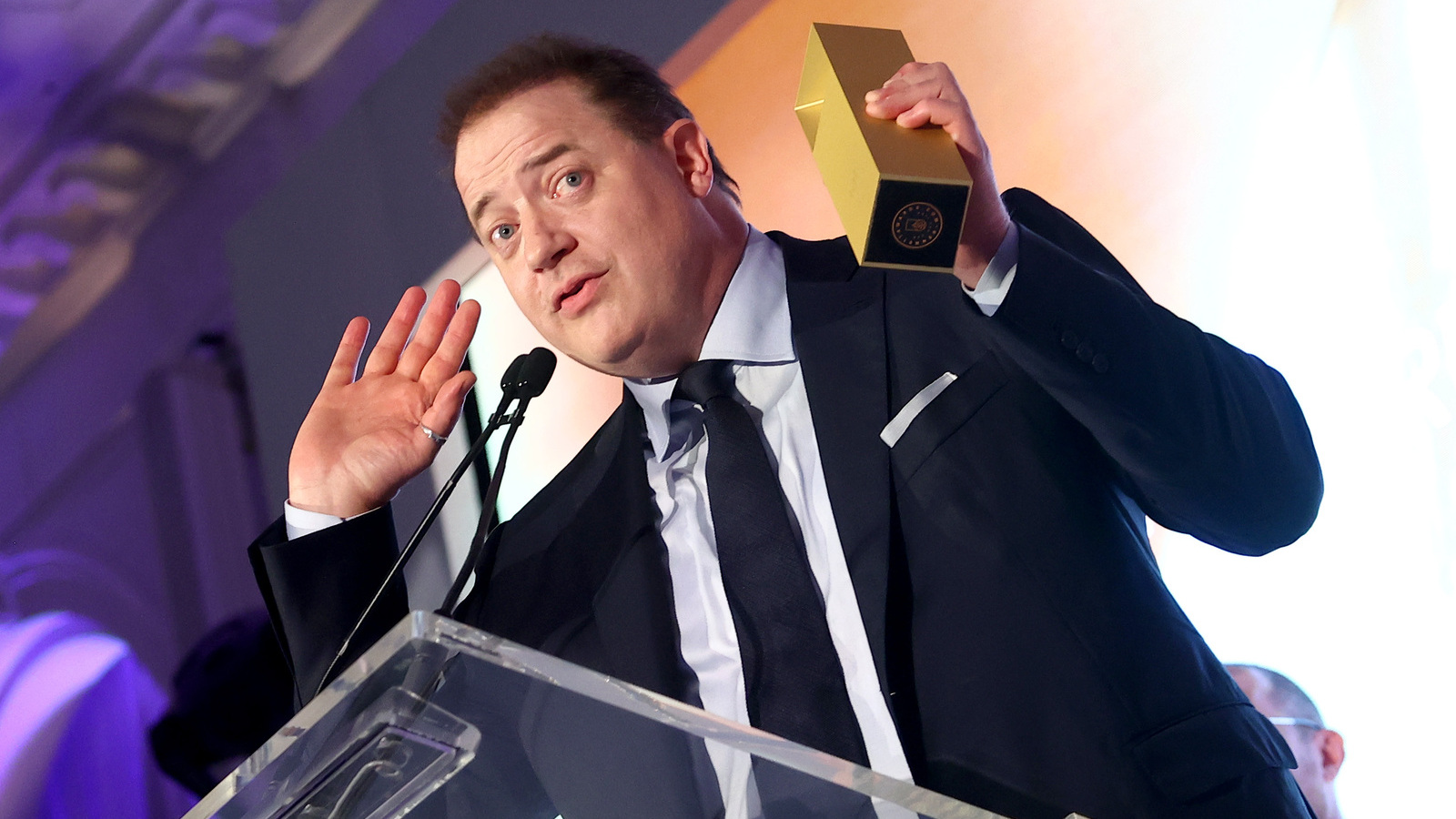 Brendan Fraser accepts his award furing the TIFF Tribute Awards gala