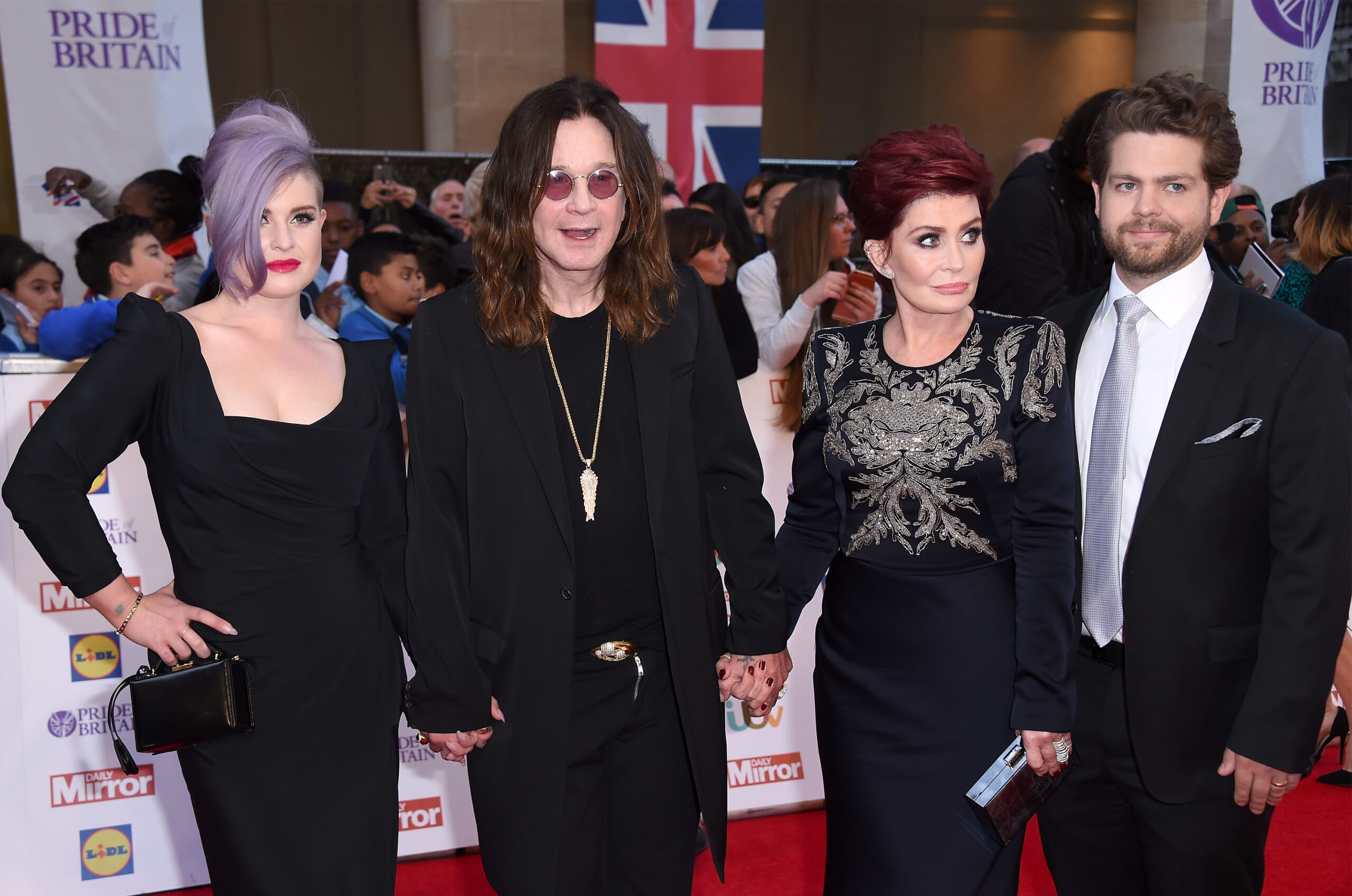 Kelly Osbourne, Ozzy Osbourne, Sharon Osbourne and Jack Osbourne attend the Pride of Britain awards at The Grosvenor House Hotel on September 28, 2015 in London, England.