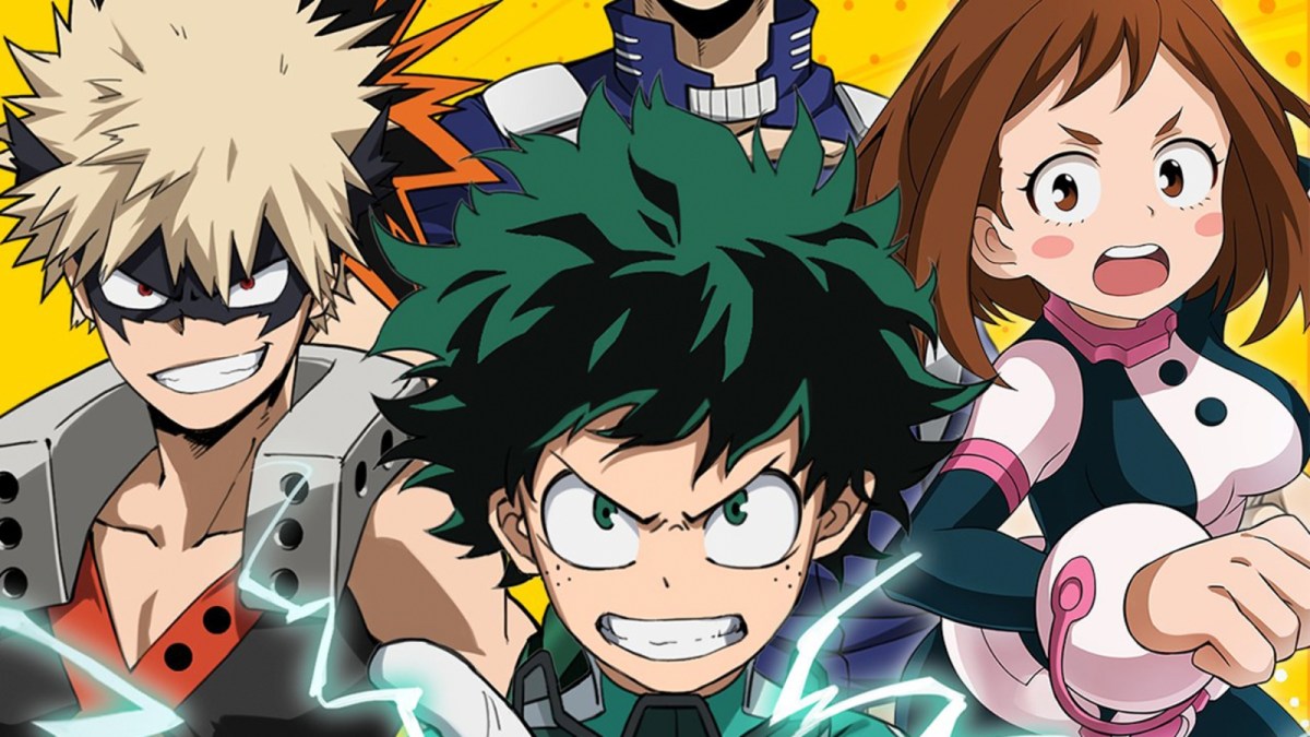 Deku, Ochako and Katsuki from My Hero Academia facing the camera