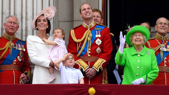 Prince Charles, Prince of Wales, Catherine, Duchess of Cambridge, Princess Charlotte, Prince George, Prince William, Duke of Cambridge, Prince Harry, Queen Elizabeth II and Prince Philip, Duke of Edinburgh