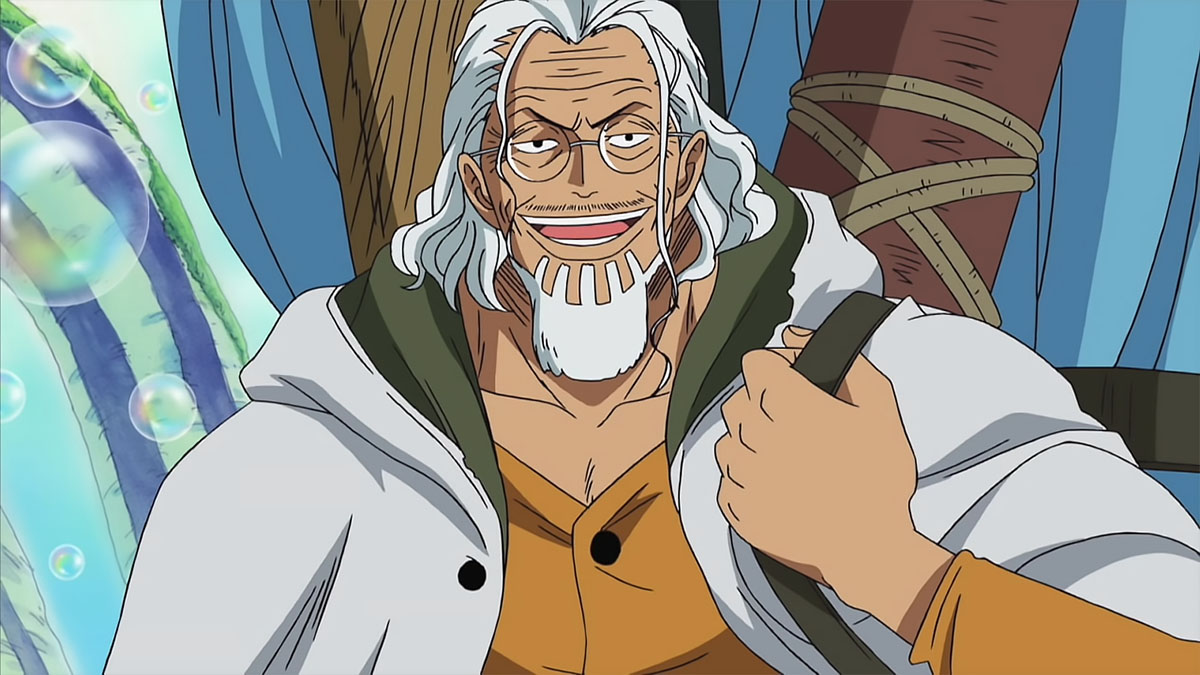 Reyleigh smiling while carrying a backpack in Sabaody, One Piece