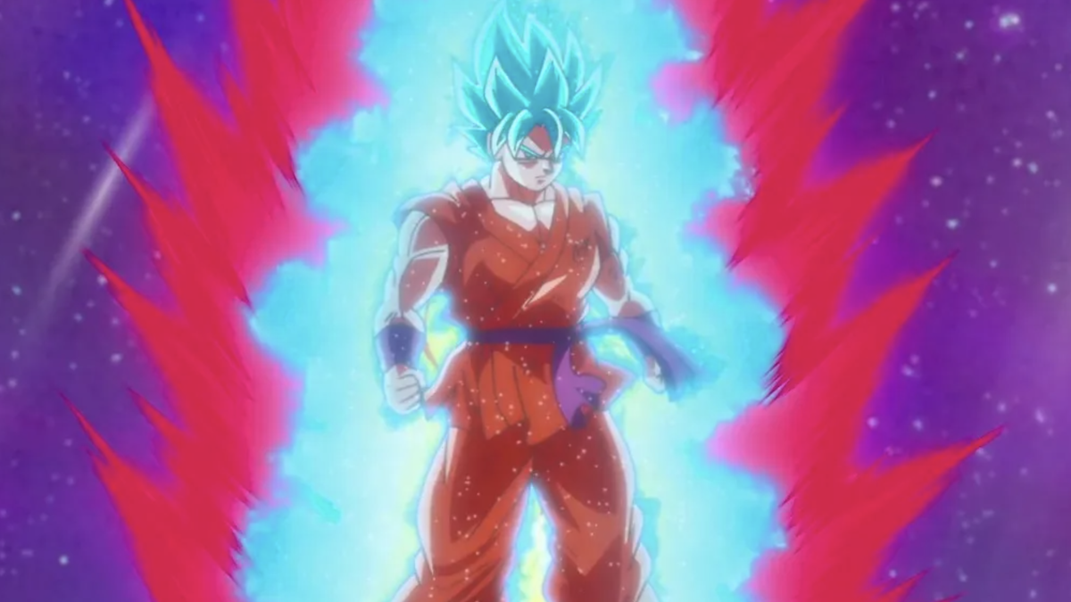 Goku is looking straight ahead and is surrounded by colors.