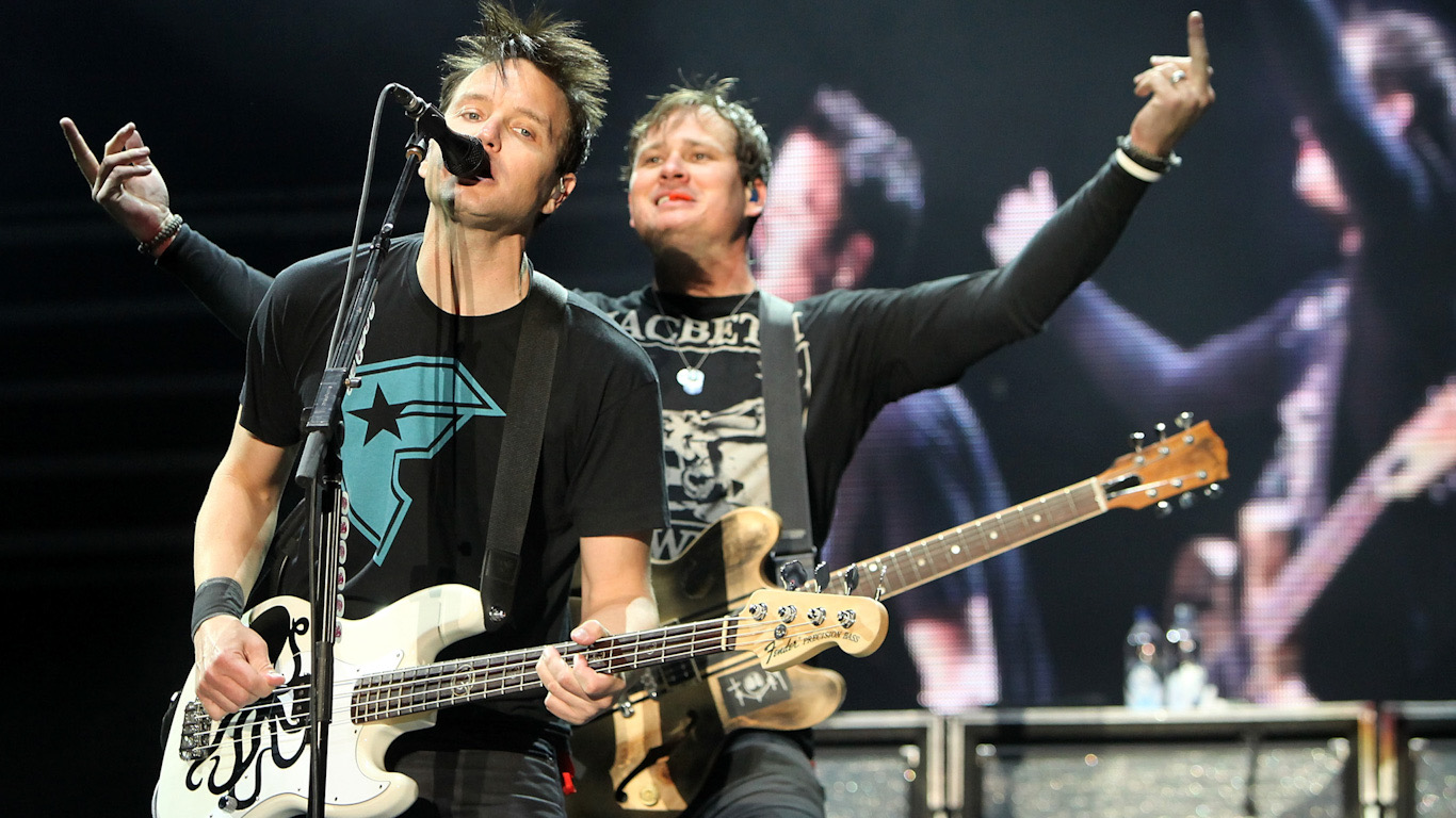 Blink-182 performs live on the Main stage during the third and final day of Reading Festival on August 29, 2010 in Reading, England.