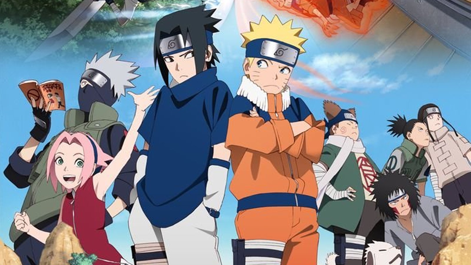 The Naruto cast including Naruto, Sasuke, Kakashi, Sakura, Kiba, Choji, Shikamaru, and Neji are all standng togehter.