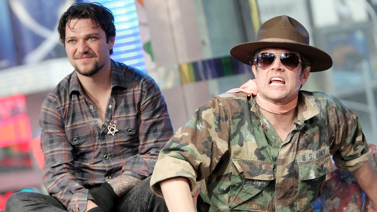 Bam Margera (L) and Johnny Knoxville appear onstage during the "Jackassworld: 24 Hour Takeover" to celebrate the launch of Jackassworld.com at the MTV Times Square Studios February 23, 2008 in New York City.