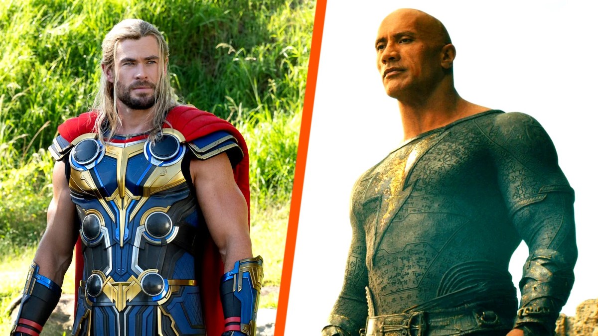 Chris Hemsworth as Thor poses in a side-by-side collage next to Dwayne Johnson as Black Adam.