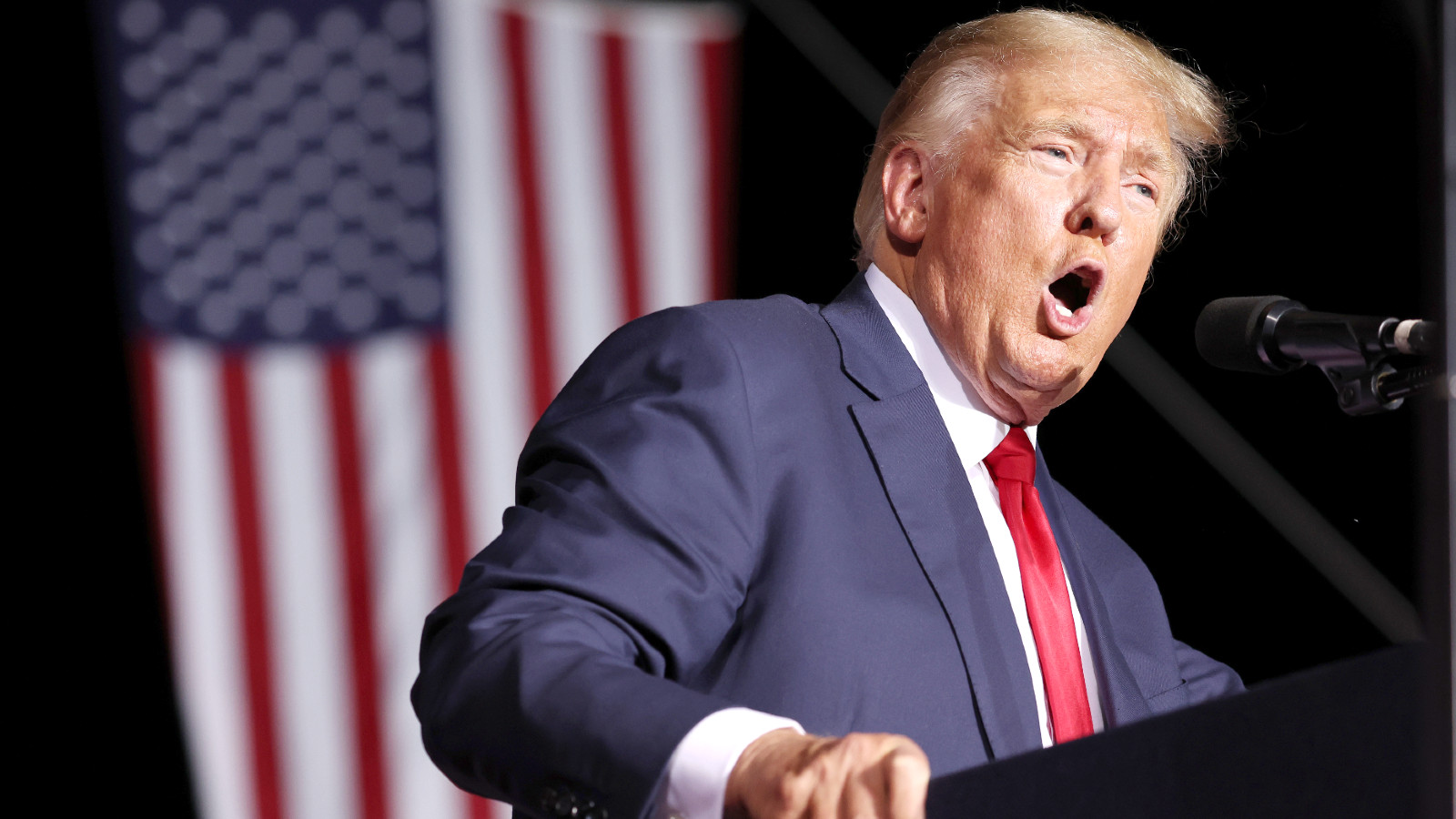 Former U.S. President Donald Trump speaks during a campaign rally at Minden-Tahoe Airport on October 08, 2022 in Minden, Nevada.