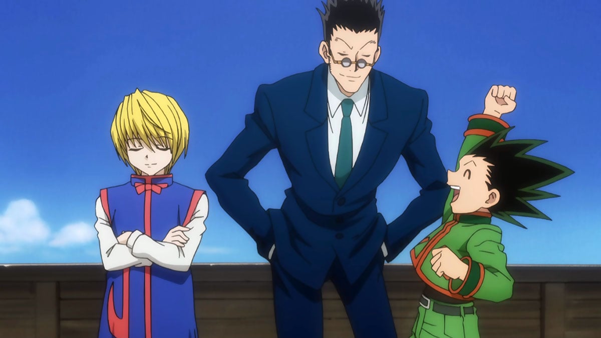 Three characters from Hunter x Hunter are standing together. 