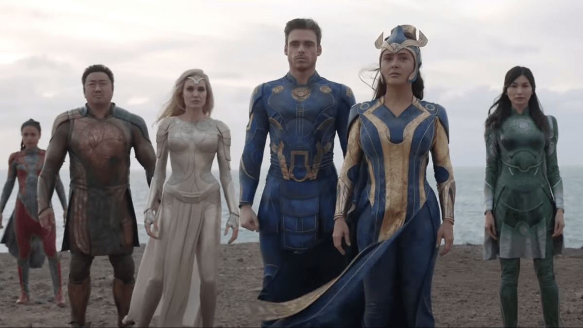 Makkari, Gilgamesh, Thena, Ikaris, Ajak, and Sersi in 'Eternals'