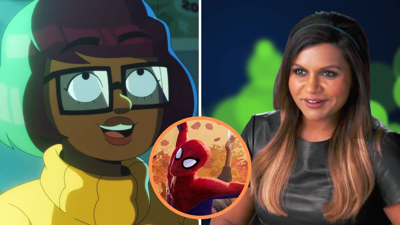 Mindy Kaling, Velma and an image of Into The Spider verse