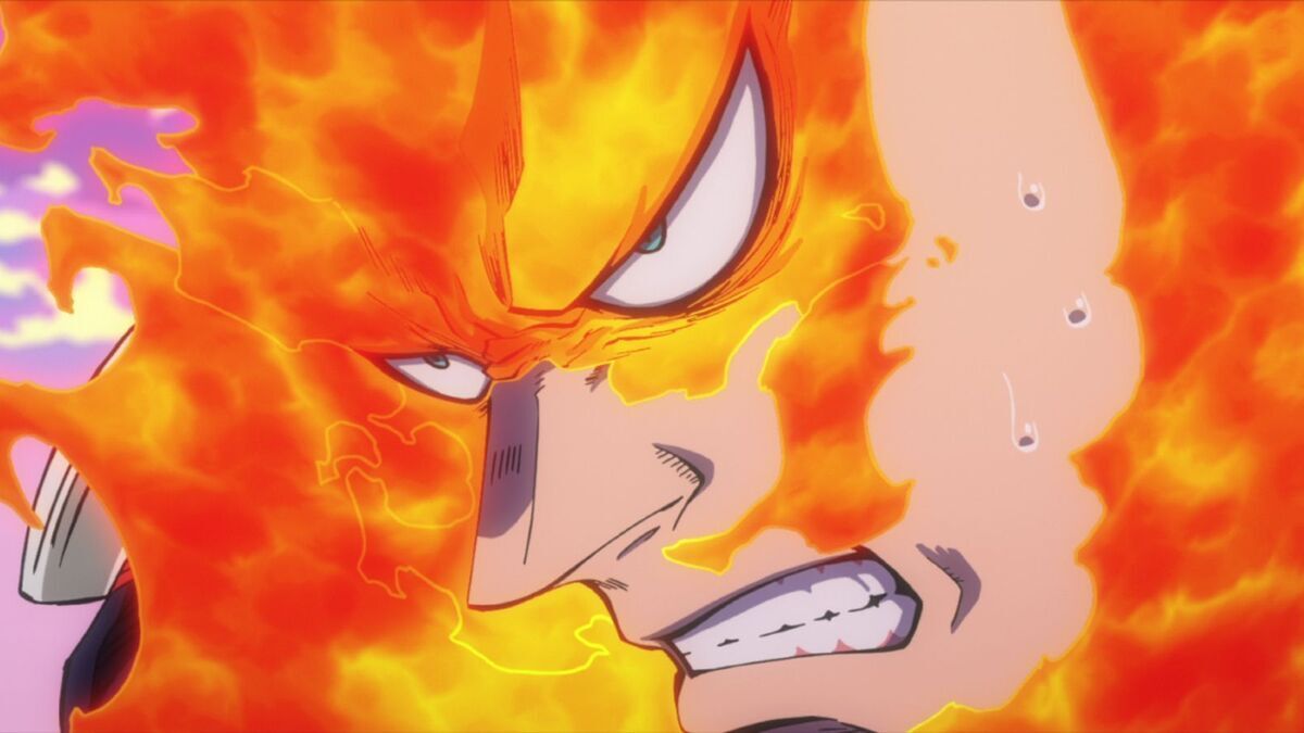A close-up of Endeavor using his quirk during battle in the My Hero Academia anime.