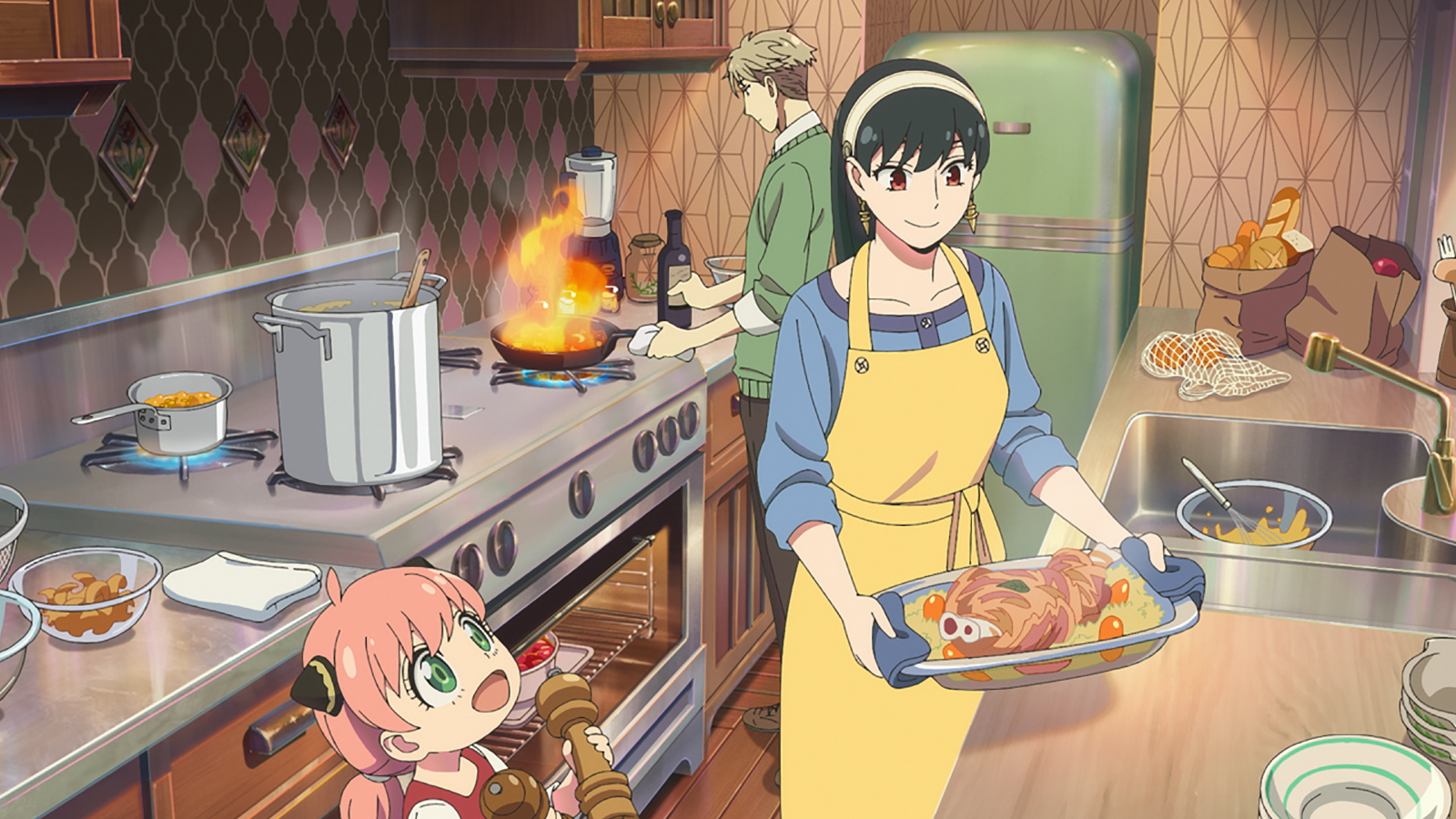 Anya, Loid, and Yor from Spy x Family are all in the kitchen, cooking up a meal together.