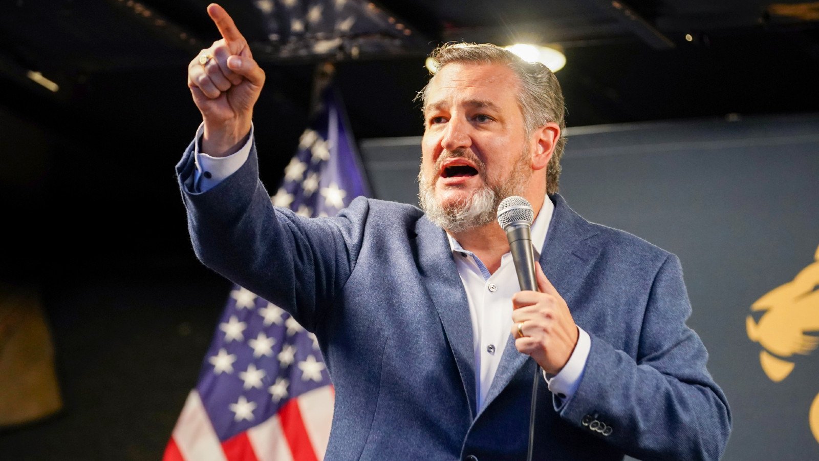 Sen. Ted Cruz (R-TX) gives a speech to Republican supporters during a rally outside the offices of Mark Alford, Republican Candidate for Missouri's 4th Congressional District on October 14, 2022 in Raymore, Missouri.