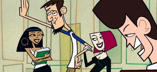 Abe Lincoln, JFK, Joan, and Cleopatra in the hallway of Clone High