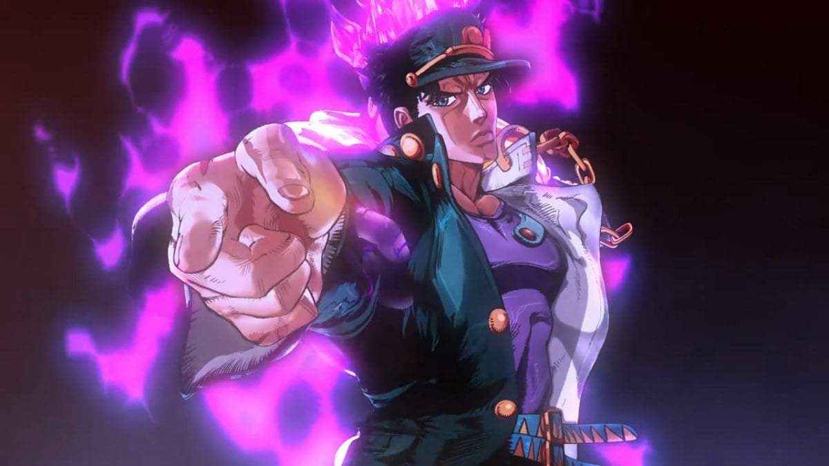 Jotaro Kujo from JoJo's Bizarre Adventure: Stardust Crusaders is standing with his arm out. 