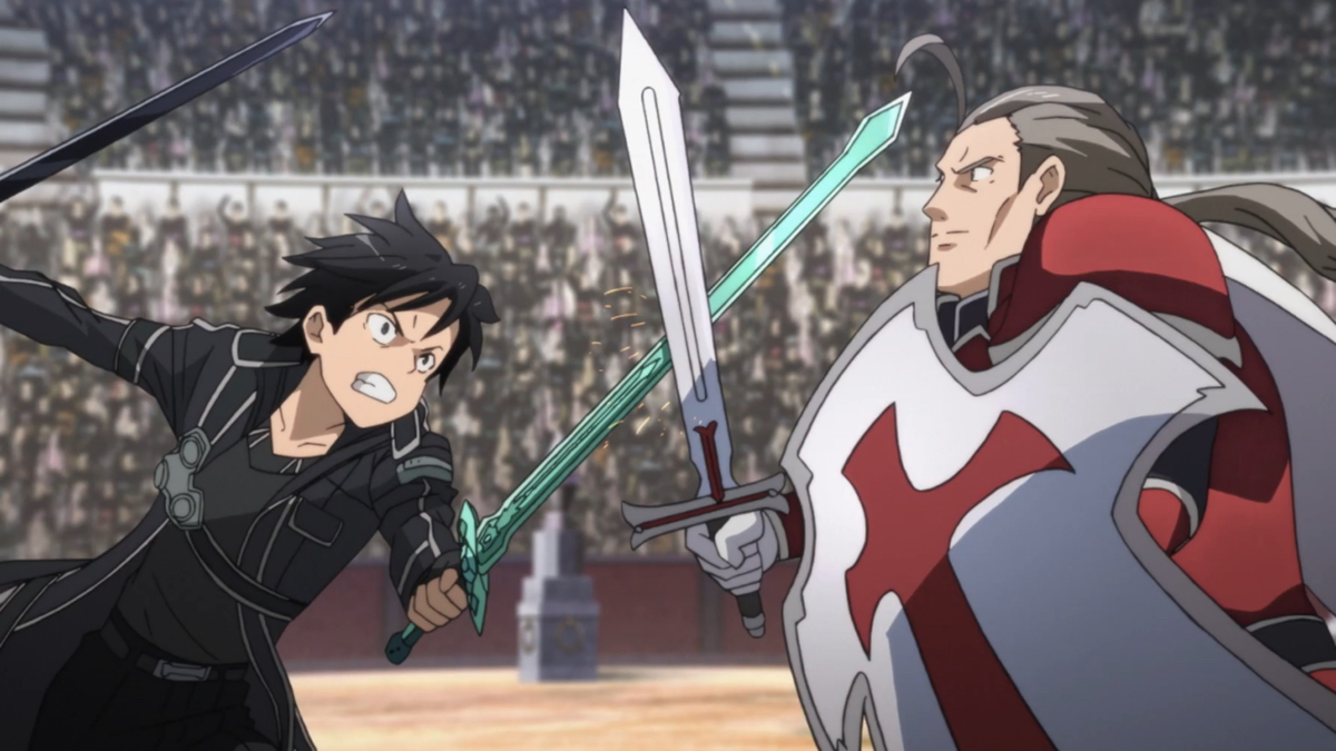 Kirito dueling Heathcliff in Sword Art Online.