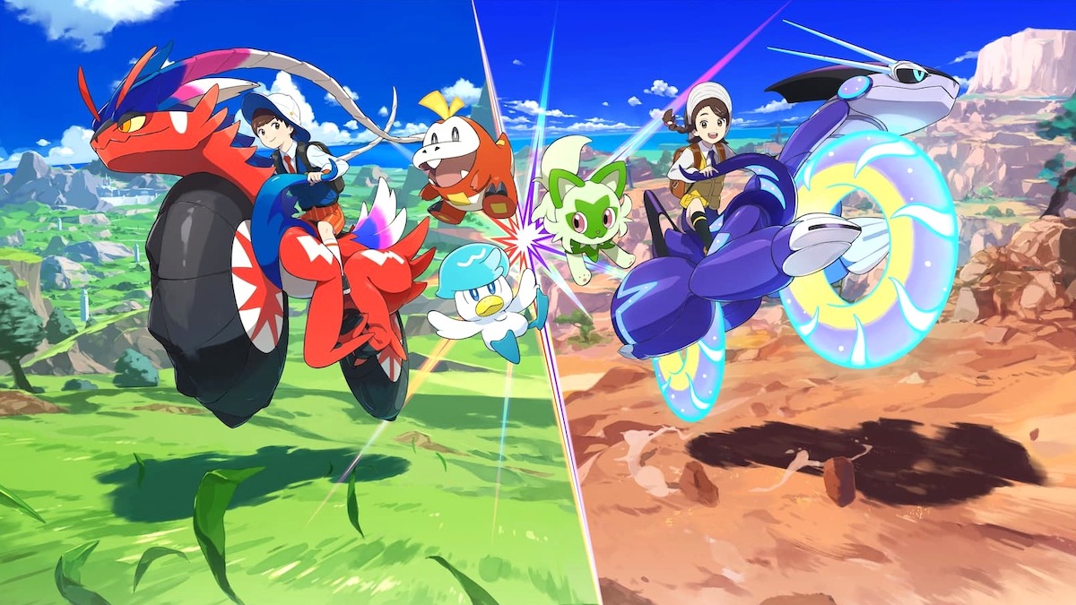 Pokémon Scarlet and Violet Key Art, with starters, legendary Pokémon and trainers