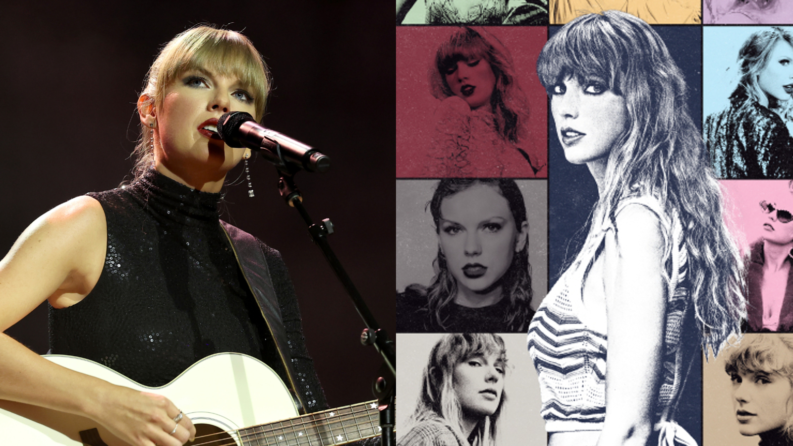 Split photo of Taylor Swift performing with guitar in hand and the cover of Taylor Swift's Eras Tour poster