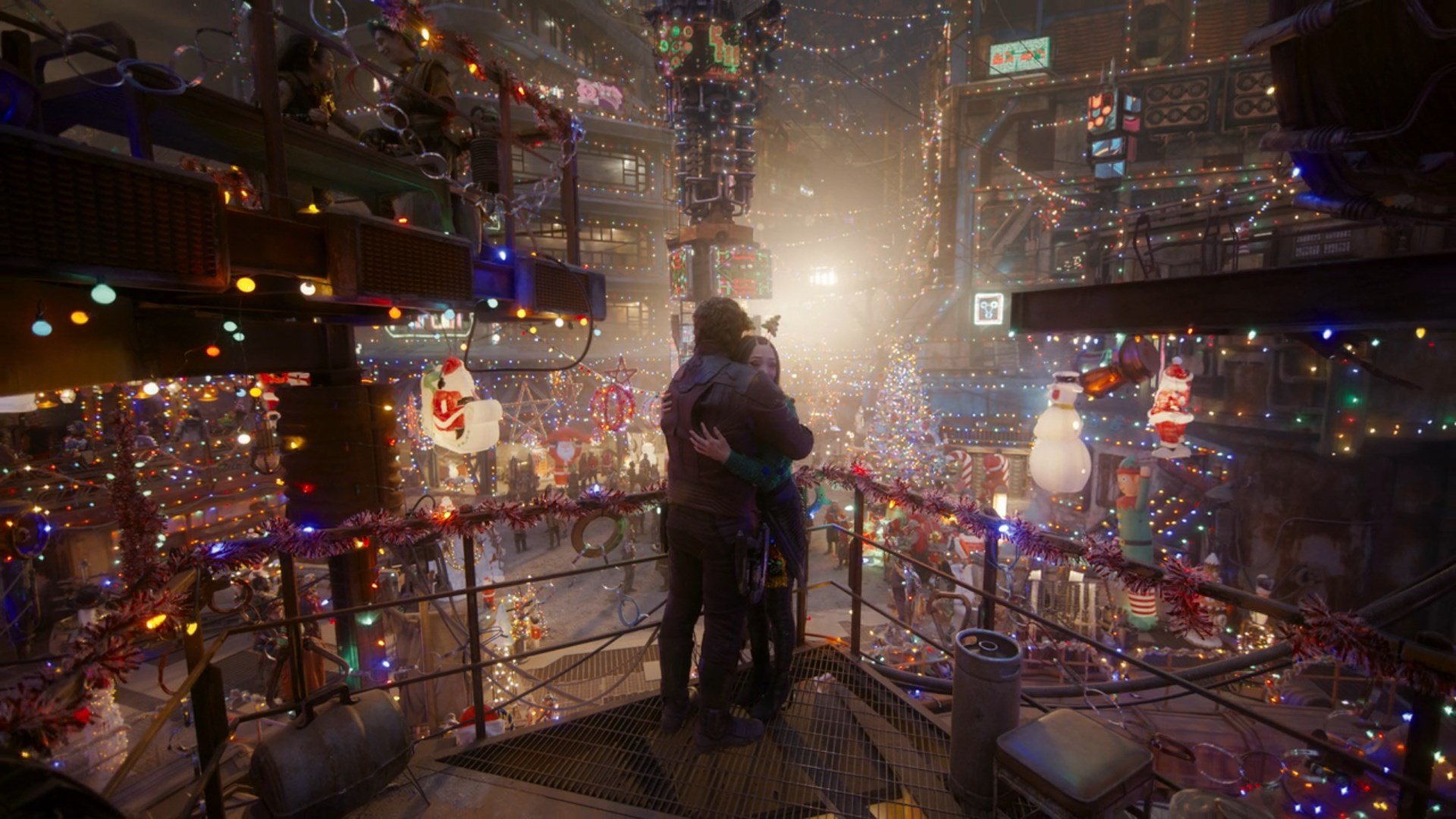 Two characters are embracing in the GotG holiday special.