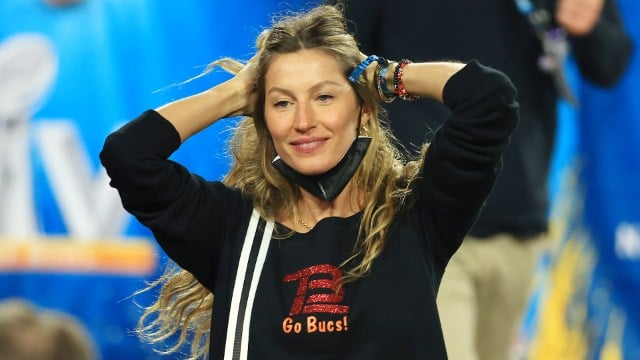Gisele Bundchen, wife of Tom Brady #12 of the Tampa Bay Buccaneers, celebrates after the Buccaneers defeated the Kansas City Chiefs in Super Bowl LV at Raymond James Stadium on February 07, 2021 in Tampa, Florida.
