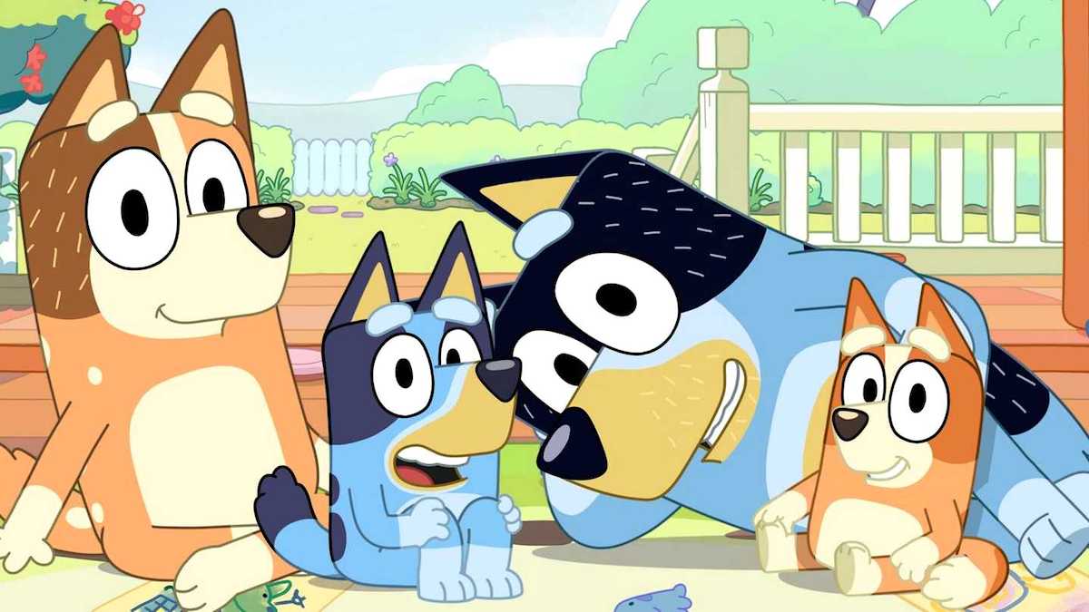 Mom, Bluey, Dad, and Bingo from the ABC Kids show 'Bluey'