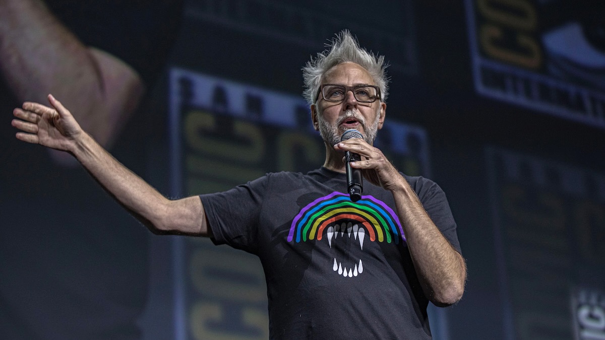 SAN DIEGO, CALIFORNIA - JULY 23: James Gunn speaks onstage at the Marvel Cinematic Universe Mega-Panel during 2022 Comic-Con International Day 3 at San Diego Convention Center on July 23, 2022 in San Diego, California